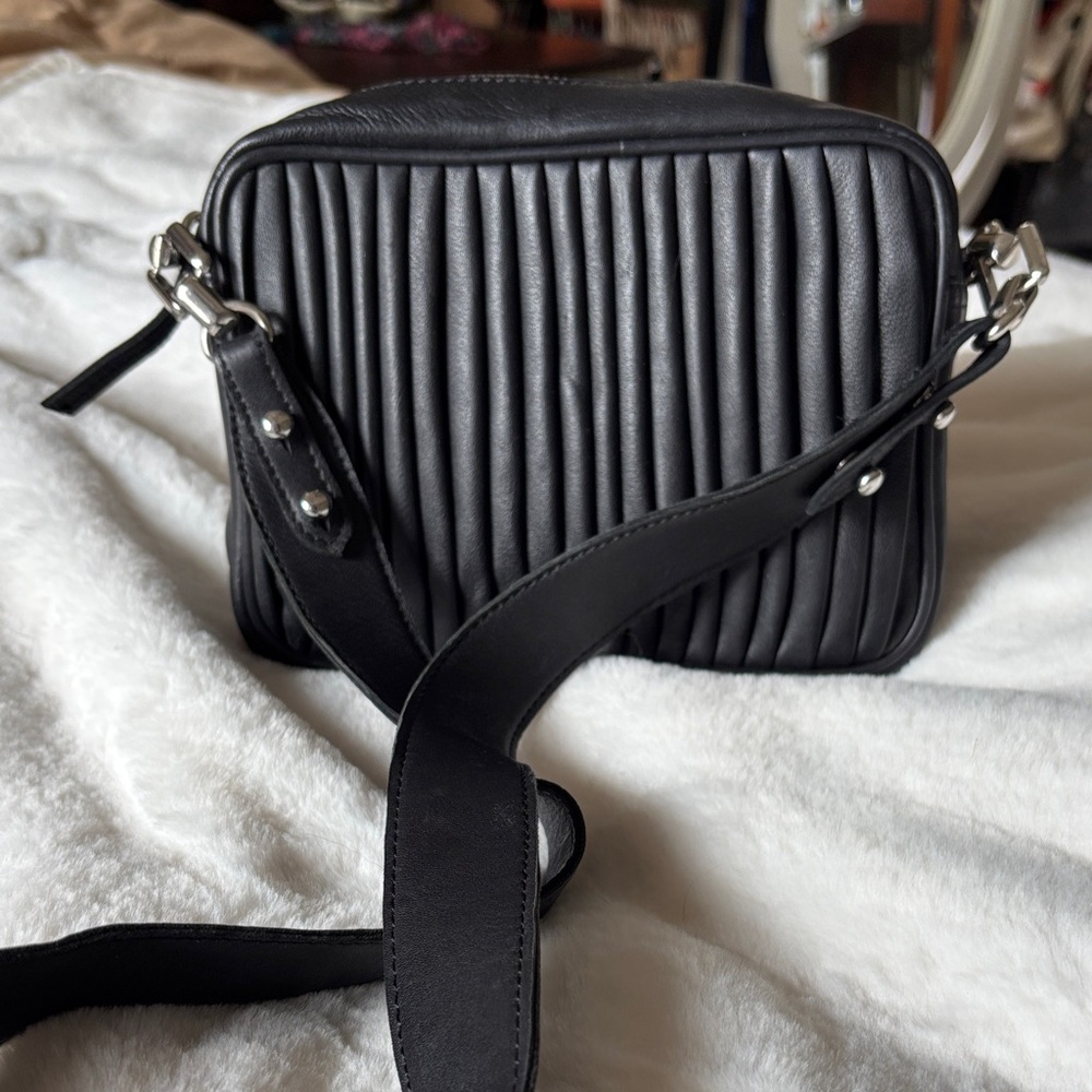 Topshop Black Leather Pleated Crossbody Bag